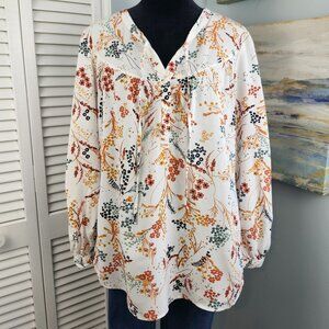 My Danielle White Floral Boho Peasant Top Large 3/4 Sleeve V Neck w/ties Spring